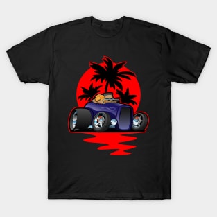 Hot Rod Couple Cruise at Sunset with Palm Trees Car Design T-Shirt